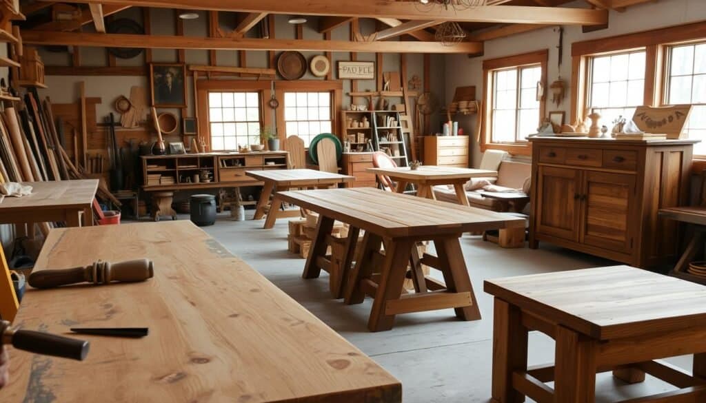 A rustic wood furniture workshop scene, featuring handcrafted projects by The Sawdust Man. In the foreground, a weathered workbench displays an array of artisanal wooden pieces, including a sturdy farmhouse-style dining table, a sleek modern credenza, and a charming wooden bench. In the middle ground, tools and materials such as chisels, sanders, and blocks of reclaimed oak create a lived-in, workshop aesthetic. The background depicts a cozy, well-lit studio space with exposed beams, natural light filtering through large windows, and a collection of carefully curated decor items that complement the rustic, functional furniture. The overall mood is one of skilled craftsmanship, warm ambiance, and a celebration of the beauty of natural wood.