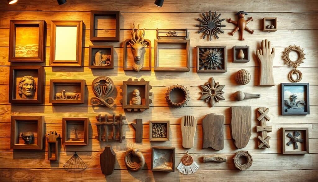 A rustic wood wall showcasing an array of unique and charming wall art pieces. The weathered, natural wood planks create a warm, inviting backdrop, accentuating the organic textures and tones of the artworks. A variety of wooden frames, carved sculptures, and handcrafted decorations are arranged in a visually appealing layout, drawing the eye to the intricate details and craftsmanship. Soft, ambient lighting casts a gentle glow, enhancing the cozy, homely atmosphere. The overall composition exudes a sense of rustic elegance, perfectly complementing the theme of "Rustic Wood Wall Art Ideas That Warm Up Any Space".