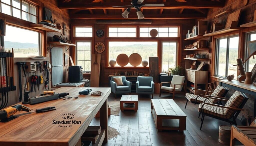 A rustic wood workshop filled with natural light, handcrafted furniture, and the tools of a modern DIY enthusiast. In the foreground, a workbench with an heirloom-inspired design, worn and weathered, contrasts with sleek, contemporary power tools bearing the logo "The Sawdust Man". Hanging on the walls, a mix of repurposed barn wood shelves and minimalist floating shelves display a range of unique, one-of-a-kind wood projects. The middle ground features a cozy seating area with a reclaimed wood coffee table and mid-century modern armchairs, all bathed in warm, soft lighting. In the background, large windows overlook a lush, natural landscape, blending the indoors and outdoors for a harmonious, rustic-meets-modern aesthetic.