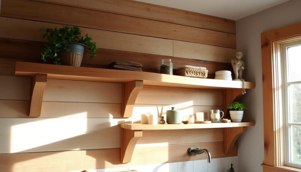 A rustic wooden bathroom shelving unit, crafted from weathered planks and natural wood grain. Sunlight streams in through a nearby window, casting a warm glow across the shelves. Artfully arranged decorative items, such as potted plants, candles, and natural accents, adorn the shelves, creating a cozy, inviting atmosphere. The overall scene exudes a sense of rustic charm and simple, handcrafted elegance, perfectly complementing the article's focus on a DIY wood project for the bathroom.