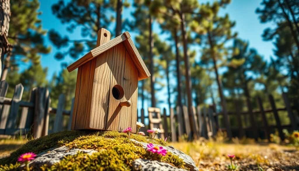 A rustic wooden birdhouse, crafted from weathered cedar wood, with a sloped roof and a charming, primitive design. The foreground features the birdhouse perched on a moss-covered stone, surrounded by colorful wildflowers. In the middle ground, a weathered wooden fence can be seen, enhancing the rustic feel. The background showcases a soft-focus forest of pine trees under a bright blue sky, creating a serene atmosphere. The image is bathed in warm, natural sunlight, casting gentle shadows that add depth. Captured at a low angle to emphasize the birdhouse and create an inviting perspective, evoking a sense of tranquility and creativity in woodworking.