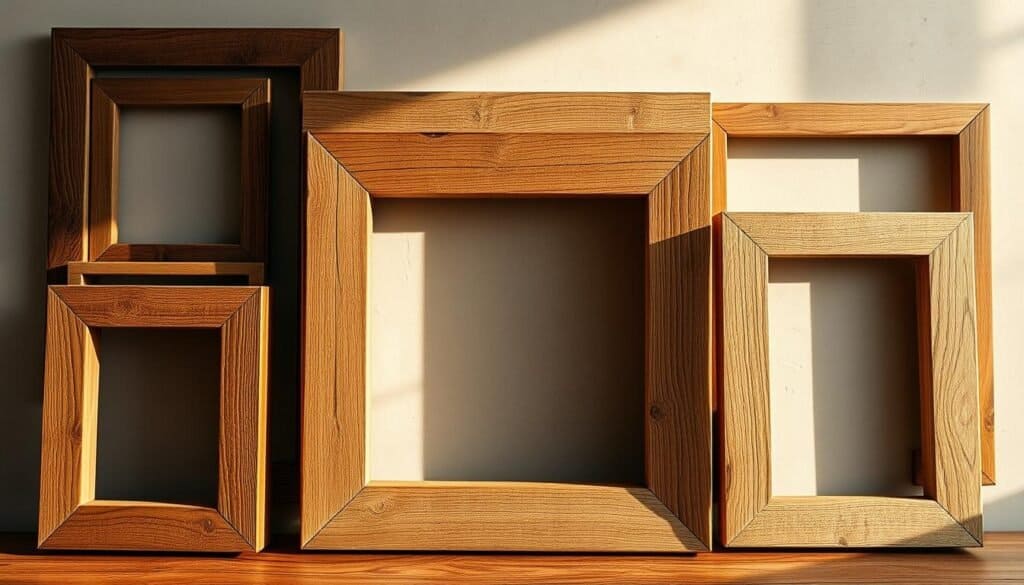 A rustic wooden frame arrangement, meticulously handcrafted from weathered oak and pine. The frames are arranged in an artistic, asymmetric layout, with varying sizes and orientations to create a sense of depth and visual interest. Warm, directional lighting casts dramatic shadows across the textured wood surfaces, highlighting the natural grain and imperfections. The frames are displayed against a neutral, slightly distressed background, allowing the focus to remain on the rustic charm of the wooden pieces. An air of simple elegance and timeless sophistication permeates the scene, perfectly capturing the essence of quality, handmade rustic decor.