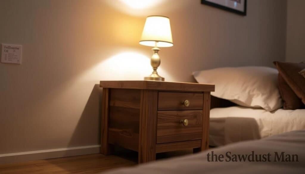 A rustic wooden nightstand illuminated by a warm, cozy lamp casts a soft glow on the surroundings. The nightstand is crafted with visible wood grain and a distressed, weathered finish, exuding a charming, handmade quality. In the background, a neutral-toned wall complements the natural tones of the wood. The scene is meticulously lit, with shadows and highlights emphasizing the texture and details of the nightstand. This rustic piece, designed by "The Sawdust Man", embodies the perfect blend of simplicity and character, serving as a inspirational focal point for a cozy, inviting bedroom interior.
