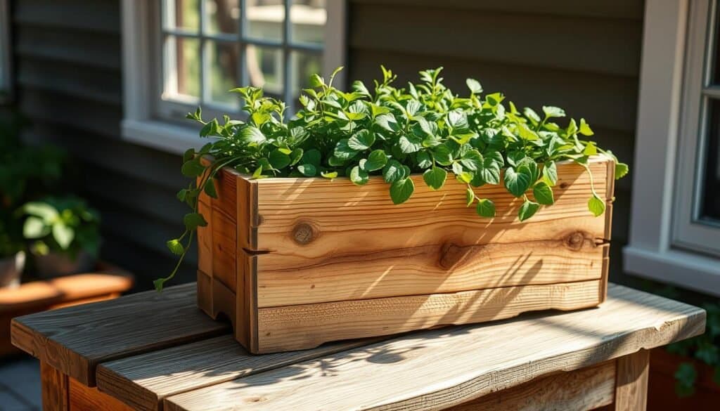 A rustic wooden planter sits on a weathered wooden table, its rough-hewn planks and natural knots reflecting the artisanal charm of a homemade garden accent. Sunlight filters through a nearby window, casting a warm glow on the scene and highlighting the tactile texture of the wood. The planter is filled with lush, verdant plants that spill over the edges, creating a captivating contrast between the raw material and the vibrant, thriving life it contains. The overall composition conveys a sense of rustic elegance, inviting the viewer to imagine the cozy ambiance of a well-tended outdoor space.