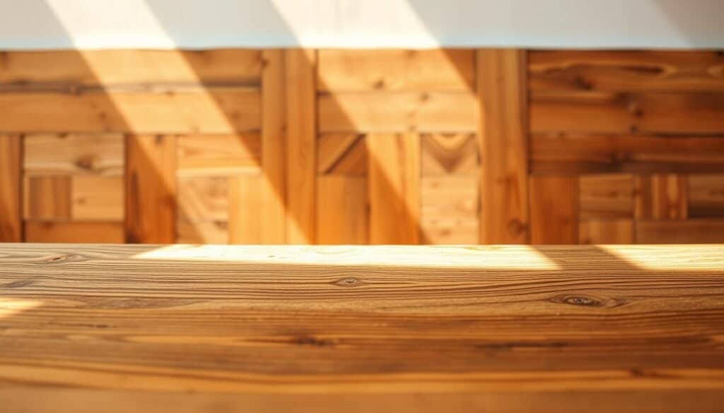 A rustic wooden wall design with intricate patterns and textures, illuminated by warm, natural lighting. The foreground features a close-up of the wood grain, showcasing the rich hues and subtle imperfections that give the surface character. In the middle ground, the wood panels are arranged in a visually appealing, geometric layout, creating a sense of depth and visual interest. The background subtly fades into a soft, neutral tone, allowing the wooden elements to take center stage. The overall atmosphere is one of simple elegance and craftsmanship, perfectly suited for a DIY home decor project.