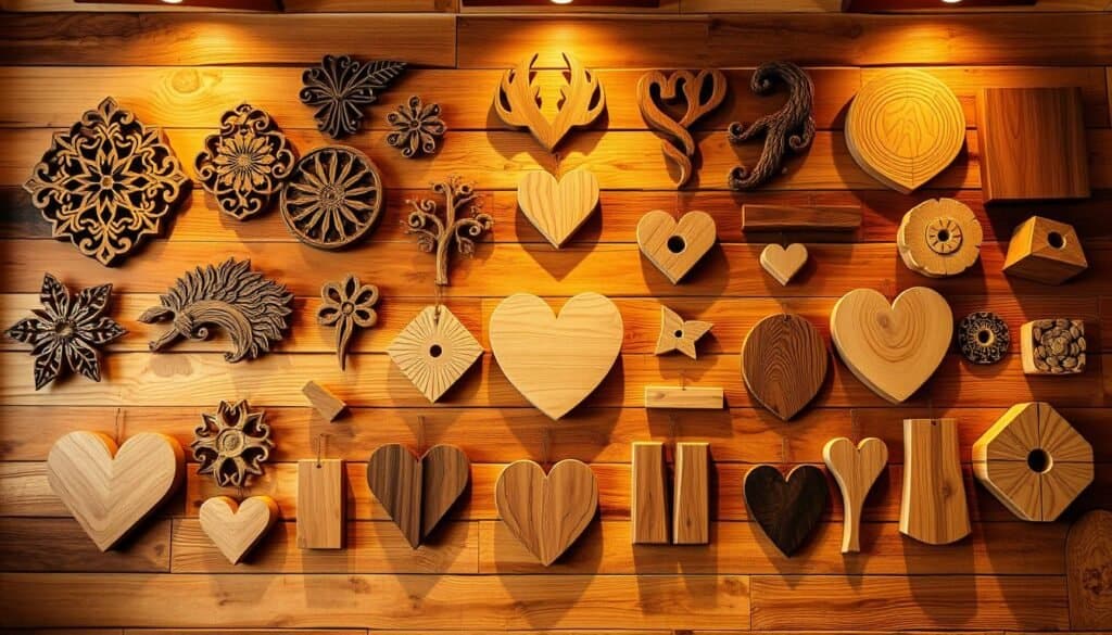 A rustic wooden wall filled with an array of uniquely crafted wall art pieces. Rough-hewn planks in warm tones of oak, maple, and cedar form the backdrop, lending an organic and textural quality. Intricate carvings, laser-etched designs, and natural wood shapes are arranged in a visually compelling layout, creating a harmonious and visually stimulating display. Warm, directional lighting highlights the grain patterns and subtle imperfections of the wood, casting a cozy, inviting glow. The overall composition exudes a sense of handcrafted charm and rustic sophistication, inspiring viewers to consider creating their own personalized wooden wall art projects.