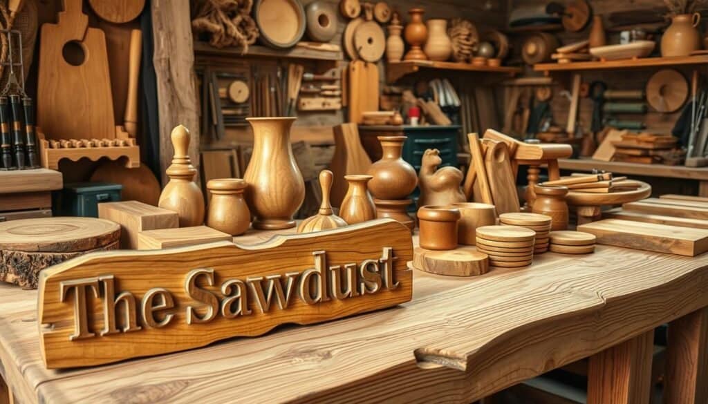 A rustic wooden workbench filled with various handmade wood crafts, including intricate carving, smooth sanded furniture, and a range of decorative items. In the foreground, a hand-carved sign reads "The Sawdust Man", showcasing the skilled craftsmanship. The lighting is warm and natural, highlighting the rich textures and tones of the wood. The middle ground features a selection of functional and visually appealing pieces, such as a wooden vase, a small side table, and a set of coasters. The background showcases a well-organized workshop, with neatly arranged tools and materials, conveying a sense of productivity and professionalism. The overall atmosphere is one of rustic charm and the promise of profitable, high-quality wood crafts.