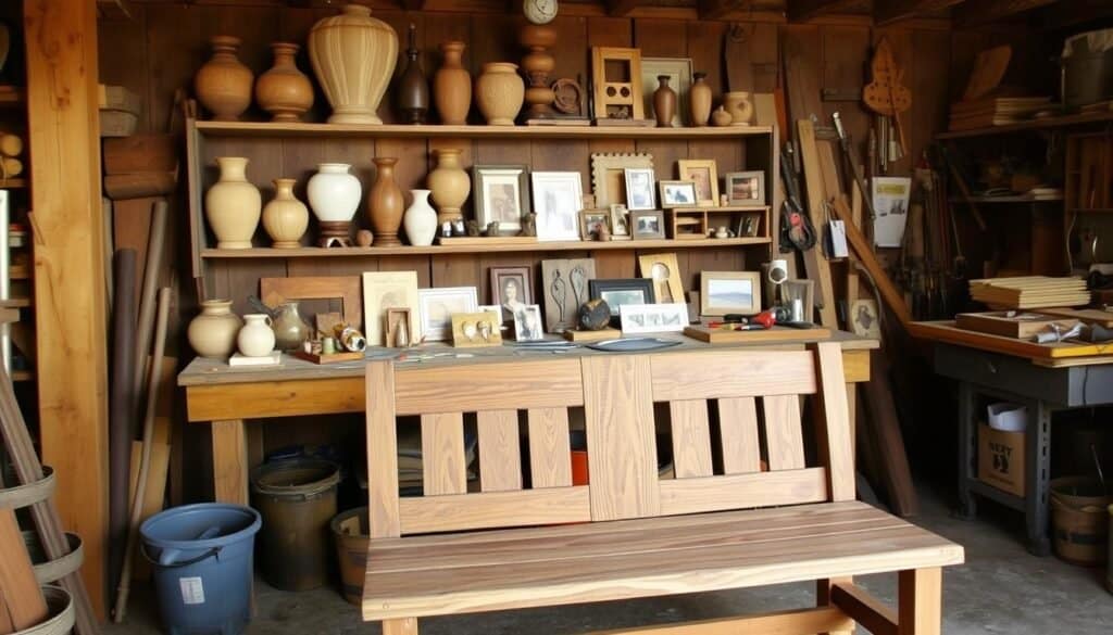 A rustic workshop filled with repurposed wood projects from The Sawdust Man. In the foreground, a beautifully crafted wooden bench with a distressed finish. On the middle shelves, an assortment of handmade wooden vases, picture frames, and small décor items. In the background, a cluttered workbench with various woodworking tools and a partially completed project. The lighting is warm and natural, casting a cozy glow over the scene. The overall atmosphere is one of creativity, craftsmanship, and a love for upcycling discarded materials into unique and charming home accents.