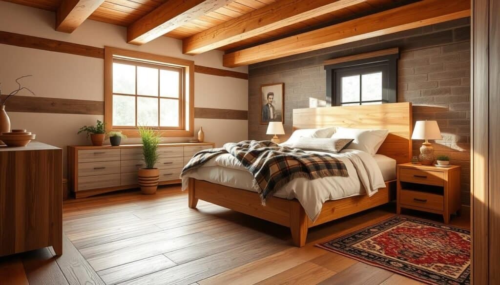 A rustic yet modern bedroom, bathed in warm, soft lighting from a large window. Textured wood floors and exposed beams create a cozy, earthy atmosphere, complemented by sleek, minimalist furniture. A handcrafted, natural wood headboard, custom-made by "The Sawdust Man", anchors the space. Plush, neutral-toned bedding and a plaid throw blanket add layers of comfort. Potted plants and a vintage-inspired rug complete the fusion of old and new, resulting in a serene, elevated sanctuary.