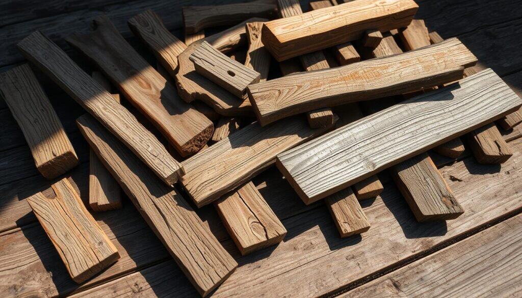 A scattered, well-worn assortment of reclaimed timber, weathered to a rustic patina, rests on a rough wooden surface. The sun casts a warm glow, highlighting the natural grains and imperfections of the varied planks, boards, and beams. Shadows create depth and texture, suggesting the potential for these humble materials to be transformed into unique, handcrafted décor. The composition conveys a sense of creativity, opportunity, and the beauty of repurposed wood.