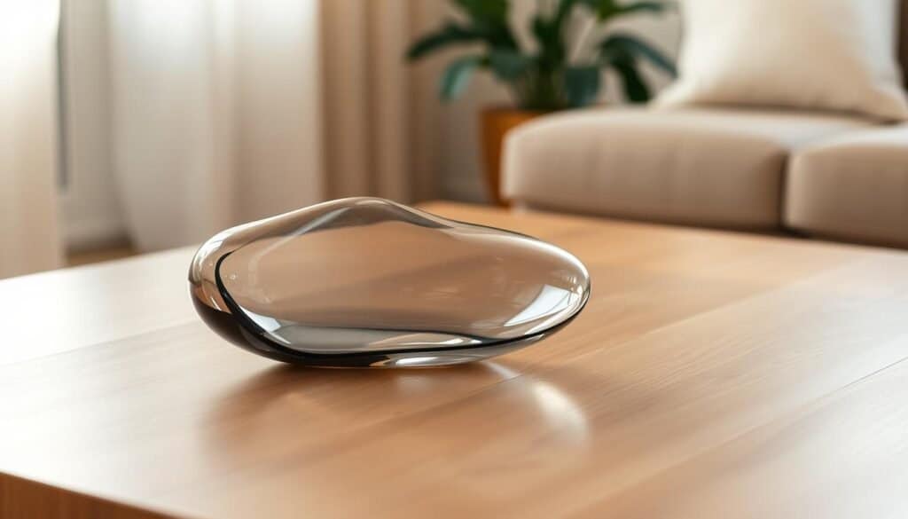 A sculptural glass vase resting elegantly on a polished wood coffee table. The vase has a simple, organic form with clean lines and a subtle iridescent sheen. Soft, warm lighting bathes the scene, creating a cozy, inviting atmosphere. The tabletop is free of clutter, allowing the vase to take center stage as a focal point. The wood grain and texture of the table provide a natural, earthy contrast to the sleek, modern glass. The overall composition exudes a sense of balance, tranquility, and a touch of refinement, ideal for accentuating a living space.