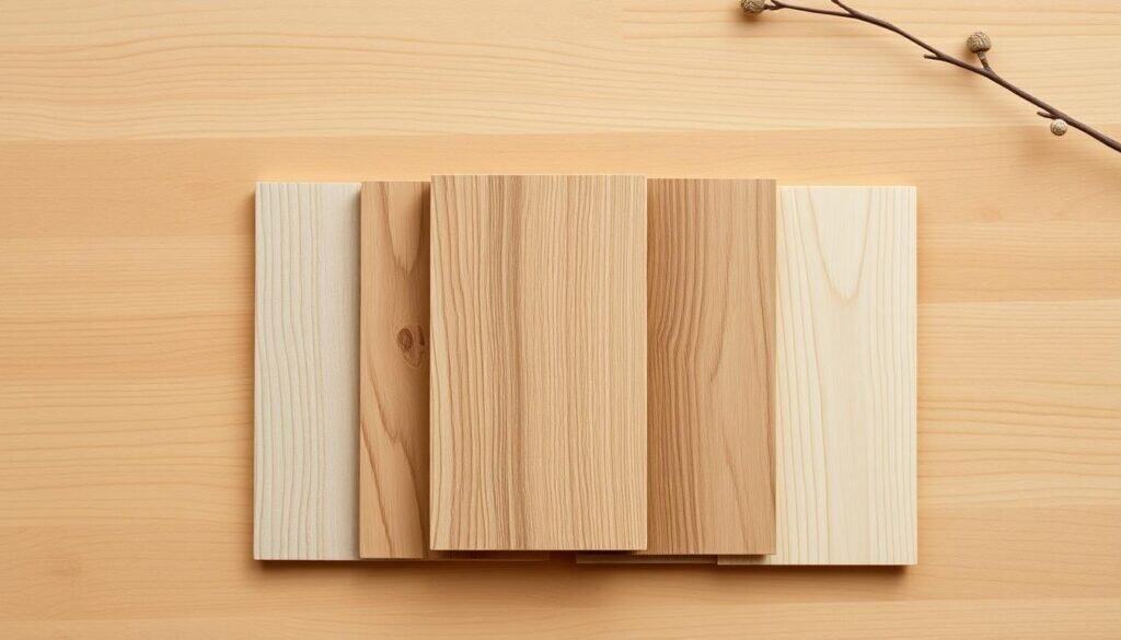 A serene and inviting natural wood color palette, showcasing the warm tones and subtle variations of fine-grained hardwood. Soft, diffused lighting highlights the organic textures and gentle hues, creating a calming, harmonious atmosphere. The composition features a central focus on a selection of complementary wood samples, arranged artfully to accentuate their inherent beauty. Surrounding this, a minimalist background of muted earth tones provides a perfect canvas to emphasize the natural wood tones. The overall scene evokes a sense of tranquility and simplicity, perfectly suited to enhance the calming effect of wood in interior design.