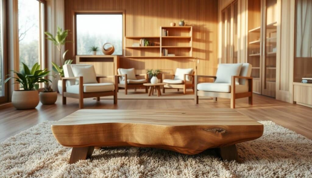 A serene and tranquil scene showcasing a harmonious blend of natural wood materials. In the foreground, a handcrafted wooden coffee table with a smooth, organic grain sits atop a plush, earthy-toned area rug. In the middle ground, a pair of cozy armchairs with wooden frames and soft, neutral upholstery invite relaxation. The background features a well-lit, airy space with large windows allowing natural light to filter in, illuminating the warm, inviting tones of the wooden wall paneling and shelving units. The overall atmosphere evokes a sense of calm, comfort, and connection with the natural world.