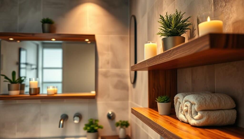 A serene bathroom scene showcasing elegantly designed wood shelves adorned with neatly arranged decorative items. In the foreground, focus on the rich texture of the polished wooden shelves, displaying potted plants, candles, and neatly rolled towels. The middle background features soft, muted tiles and a stylish mirror reflecting ambient light. The overall lighting is warm and inviting, highlighting the natural wood grain and creating a cozy atmosphere. A hint of greenery from a small plant adds a touch of freshness. Capture the scene from a slight angle, providing depth and perspective, emphasizing the practicality and elegance of the wood accents in the bathroom.