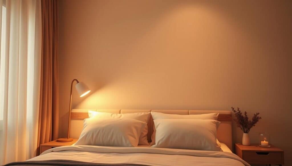 A serene bedroom with warm, diffused lighting gently illuminating the space. Soothing bedside lamps with soft, ambient glow casting a tranquil ambiance. Elegant, minimalist fixtures with natural wood accents blend seamlessly into the cozy, neutral-toned décor. Layered lighting including a subtle, dimmable ceiling fixture creates a calming, gradual wake-up experience. Soft, filtered daylight filters in through sheer curtains, completing the gentle, harmonious lighting design for a peaceful, rejuvenating start to the day.