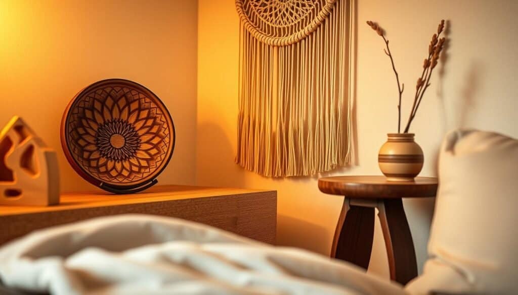 A serene corner of a cozy living room, bathed in warm, soft lighting. Delicate wooden accents - a decorative bowl, an intricate wall hanging, and a small, shapely side table - create a calming focal point. The wood's natural grains and tones, highlighted by the gentle illumination, evoke a sense of tranquility. The composition is balanced, allowing the eye to rest and appreciate the simple beauty of these carefully curated elements. The overall atmosphere is one of quiet contemplation, inviting the viewer to slow down and find solace in the peaceful, harmonious space.