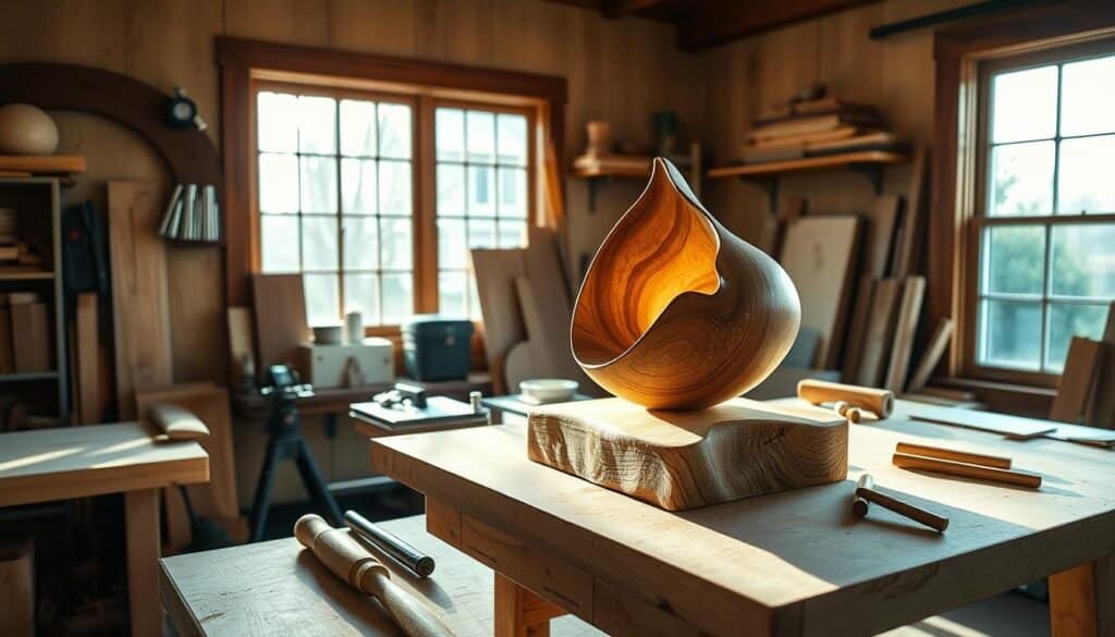A serene home woodworking workshop, sunlight filtering through large windows, illuminating a beautifully crafted wooden sculpture on a sturdy workbench. Smooth, sanded surfaces, the warm scent of freshly cut timber, and the gentle whirr of power tools create a calming, meditative atmosphere. A pair of skilled hands carefully shaping the wood, using a variety of hand tools with precision and focus. The finished piece, a unique and personal creation, radiates a sense of accomplishment and pride. The room is imbued with a tactile, tactile, and satisfying energy, inviting the viewer to experience the joy of creating something with their own hands.