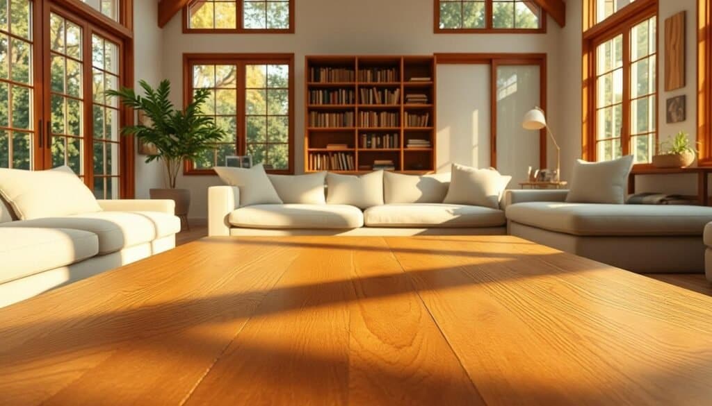 A serene living room flooded with warm, natural light filtering through large windows. A wooden coffee table takes center stage, its smooth, organic grain patterns casting gentle shadows across the room. Soft, plush seating in neutral tones complements the earthy tones of the wood, creating a harmonious, tranquil atmosphere. In the background, a wooden bookshelf stands tall, its shelves filled with well-worn volumes, evoking a sense of comfort and knowledge. The overall scene radiates a calming, restorative mood, reflecting the psychological benefits of incorporating natural wood materials into interior design.