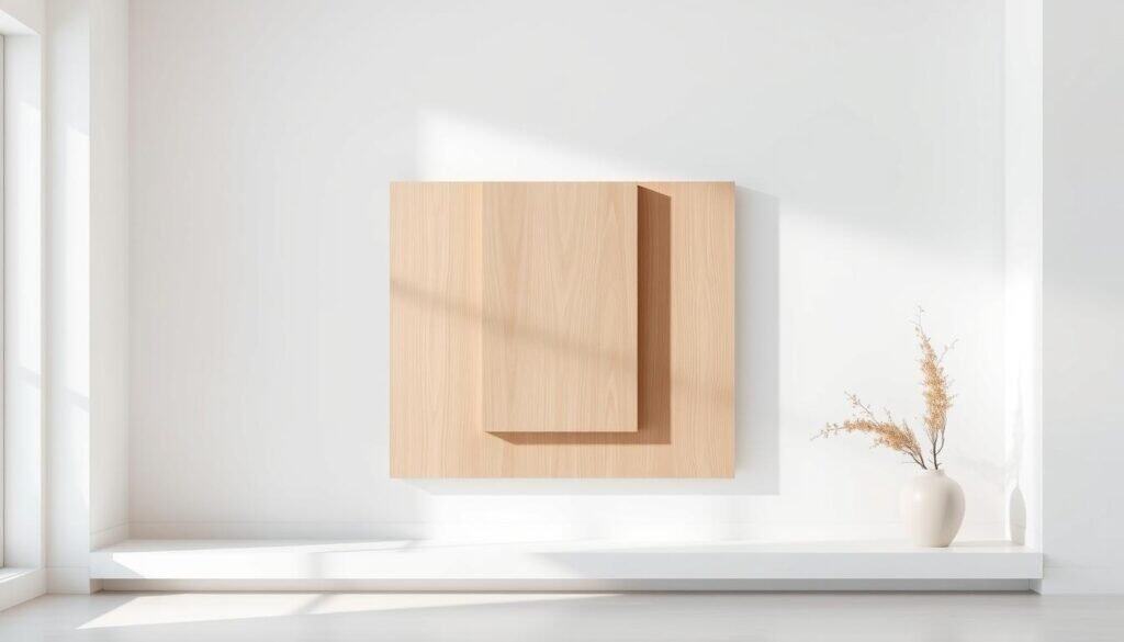 A serene, minimalist composition of abstract modern wall art, featuring clean geometric shapes and muted tones. A central focal point of sleek, three-dimensional wooden panels in warm, natural hues, arranged in a harmonious asymmetrical layout. Soft, diffused lighting casts gentle shadows, creating depth and texture. The artwork is displayed against a bright, airy backdrop of crisp white walls, subtly complementing the minimalist aesthetic. The overall mood is one of understated elegance and refined simplicity, perfectly suited for a contemporary living space.
