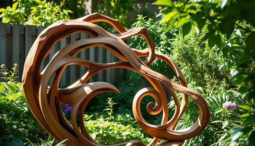 A serene, sun-dappled backyard oasis, showcasing a stunning handcrafted wooden garden art sculpture. The intricate, organic design features flowing, sinuous curves and graceful lines that harmonize seamlessly with the lush, verdant foliage surrounding it. Warm, natural textures of the weathered wood contrast beautifully with the cool, earthy tones of the garden's flora, creating a sense of tranquility and timeless elegance. Soft, diffused lighting casts gentle shadows, accentuating the sculpture's depth and three-dimensional form. Captured from a slightly elevated angle, the scene invites the viewer to pause, contemplate, and appreciate the artistry and craftsmanship that infuses this captivating wooden garden accent.