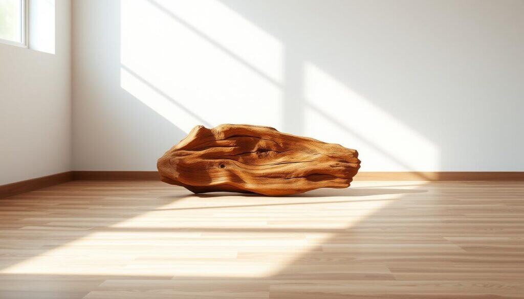 A serene, well-lit room with a rustic, wooden accent piece prominently displayed. The natural grain and warm tones of the wood create a calming, meditative atmosphere, complemented by soft, diffused lighting. The piece is strategically placed, drawing the eye and inviting the viewer to focus and find mental clarity. Subtle shadows and highlights accentuate the organic texture and form, conveying a sense of balance and harmony. The overall scene is minimalist, allowing the wood to take center stage and evoke a sense of grounding and simplicity.