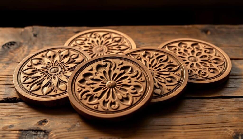 A set of four handcrafted wooden coasters, each with a unique, intricate pattern carved into the surface. The coasters are arranged on a rustic wooden table, with a warm, natural lighting illuminating the grain and texture of the wood. The coasters are made from high-quality, kiln-dried hardwood, finished with a durable, matte sealant to protect against water stains and damage. The lighting casts gentle shadows, accentuating the depth and dimensionality of the carved designs. The overall mood is one of rustic elegance, showcasing the skill and craftsmanship of the woodworker.