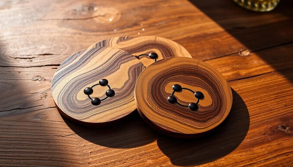 A set of handcrafted wooden coasters resting on a rustic wooden surface, with intricate epoxy resin designs swirling through the grain. The coasters are arranged artfully, casting soft shadows and reflecting the warm, diffused lighting from above. The wood grain is rich and textured, complemented by the shimmering, translucent epoxy accents that add depth and visual interest. The overall scene evokes a sense of natural, homemade charm, perfectly suited for a cozy living space or dining table.