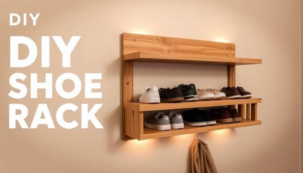 A simple, modern DIY wall-mounted shoe rack with a rustic, natural wood finish. The rack features clean lines and a minimalist design, with multiple tiers to neatly store shoes of various sizes. Soft, warm lighting casts a cozy glow, highlighting the wood grain and subtle textures. The rack is mounted securely on the wall, flush against a neutral-toned backdrop, creating a stylish and functional storage solution for an entryway or mudroom. The composition emphasizes the rack's elegant form and practical use, showcasing how a simple DIY project can elevate the look and organization of a living space.