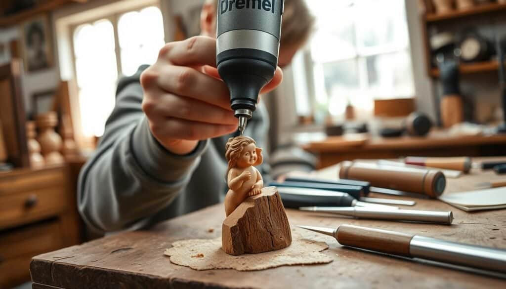 A skilled artisan meticulously carving a delicate wood figurine with a high-powered Dremel rotary tool. The foreground captures the precise movements of the tool, its tip gently removing delicate shavings from the intricate design. In the middle ground, the workbench displays an assortment of woodworking tools, including chisels, files, and sandpaper, ready for the finishing touches. The background features a warm, well-lit studio setting, with natural light filtering in, creating a cozy atmosphere for this intricate small-scale carving project. The scene exudes a sense of focus, craftsmanship, and the satisfaction of creating a unique decorative wood accent piece.