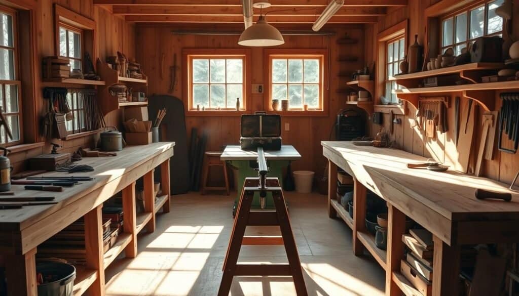 A small, cozy woodworking shop filled with natural light streaming through large windows. Sturdy workbenches made of reclaimed wood line the walls, topped with an assortment of hand tools and a vintage toolbox. In the center, a simple yet functional sawhorse setup, ready for a variety of projects. The space is warm and inviting, with a rustic charm that exudes the passion of "The Sawdust Man". Soft shadows cast by the overhead lamps create a calming atmosphere, perfect for budget-friendly woodworking.