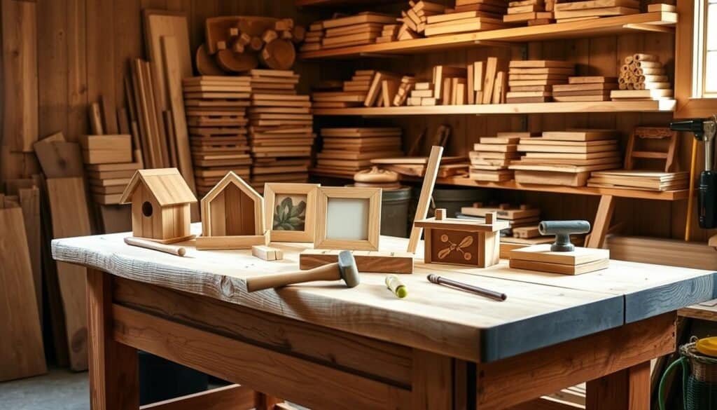 A small, cozy workshop filled with natural wooden projects for beginners. On a sturdy wooden workbench, intricate handcrafted items are displayed, including a simple birdhouse, a rustic picture frame, and a charming plant holder. Warm light filters through the window, casting a soft glow over the scene. The tools of the trade - a saw, a hammer, and a sanding block - are neatly arranged, hinting at the satisfying process of creating these beautiful, practical pieces. In the background, shelves hold an assortment of wooden blocks, planks, and other materials, waiting to be transformed by the skilled hands of "The Sawdust Man".