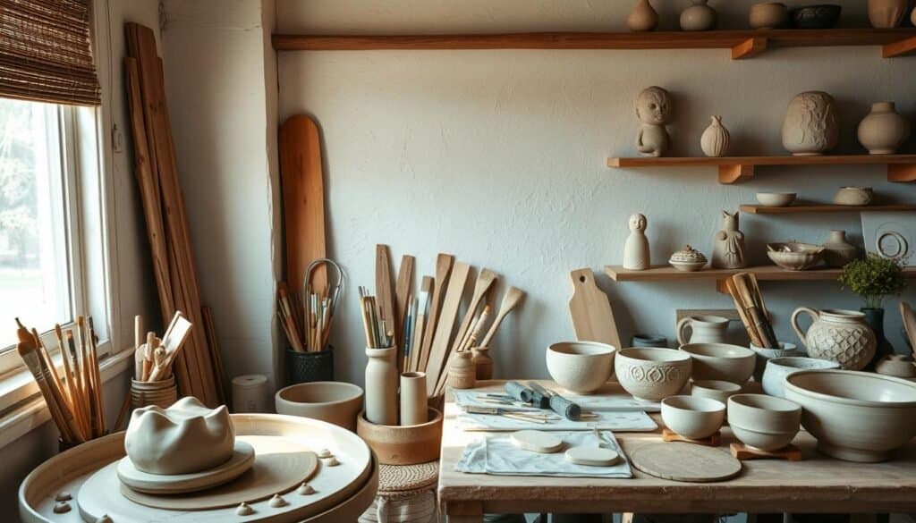 A small, cozy workspace with an array of clay sculpting tools and a variety of handmade ceramic pieces in various stages of completion. Soft, natural lighting filters in through a nearby window, casting warm, diffused shadows across the workspace. The foreground features a potter's wheel with a partially formed clay vessel, while the middle ground showcases an assortment of sculpting tools, paintbrushes, and glazes. In the background, carefully curated ceramic figurines, bowls, and vases sit on simple wooden shelves, their textured surfaces and muted earthy tones creating a harmonious, artisanal atmosphere.