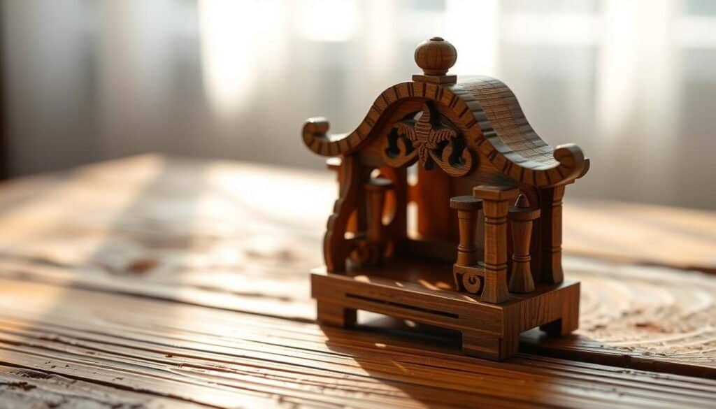 A small, intricate wooden décor piece sits on a rustic wooden surface, illuminated by soft, natural lighting. The intricate carving and textures of the wood are showcased, creating a sense of warmth and craftsmanship. The piece is positioned to capture the play of light and shadow, highlighting its delicate details. The background is blurred, allowing the décor to be the focal point, inviting the viewer to appreciate the beauty of this miniature work of art.