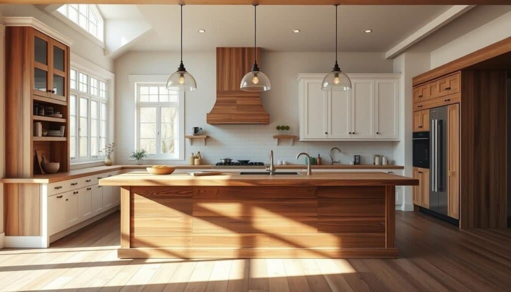 A spacious, modern farmhouse-inspired kitchen island, crafted from rustic reclaimed wood, anchors a bright, airy cooking space. Soft, warm lighting filters through large windows, casting a cozy glow on the natural wood tones and crisp white cabinetry. Intricate wood grains and distressed detailing add character, while a generously sized butcher block countertop provides ample workspace. Thoughtfully placed pendant lights hang above, illuminating the island's clean lines and subtle farmhouse charm. The scene exudes an inviting, homely ambiance, inspiring culinary creativity and joyful meal preparation.
