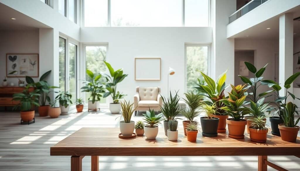 A spacious, sun-filled room with large windows, showcasing an array of thriving potted plants strategically placed to accentuate the natural light and architectural features. A wooden table in the foreground displays various plant varieties, their lush foliage and vibrant colors complementing the neutral tones of the room. In the middle ground, a comfortable armchair and a side table create a cozy seating area, inviting the viewer to imagine themselves enjoying the peaceful ambiance. The background features minimalist wall décor and a glimpse of an adjoining space, reinforcing the idea of a well-planned, harmonious home environment. The overall scene conveys a sense of tranquility and a celebration of nature's beauty within the confines of a modern, refined interior. A spacious, sun-filled room with large windows, showcasing an array of thriving potted plants strategically placed to accentuate the natural light and architectural features. A wooden table in the foreground displays various plant varieties, their lush foliage and vibrant colors complementing the neutral tones of the room. In the middle ground, a comfortable armchair and a side table create a cozy seating area, inviting the viewer to imagine themselves enjoying the peaceful ambiance. The background features minimalist wall décor and a glimpse of an adjoining space, reinforcing the idea of a well-planned, harmonious home environment. The overall scene conveys a sense of tranquility and a celebration of nature's beauty within the confines of a modern, refined interior.