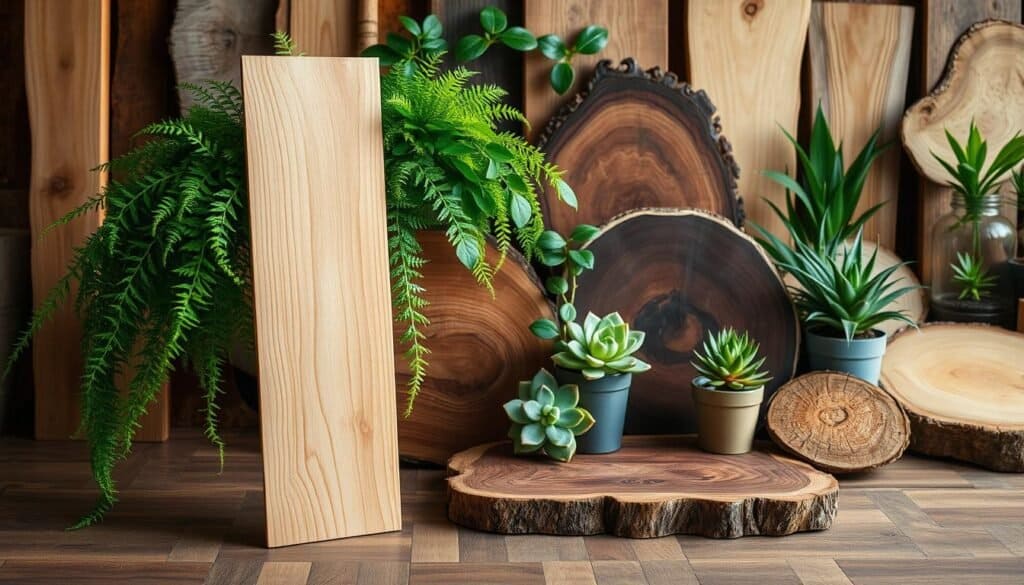A stunning arrangement of diverse wood types and lush plant varieties, capturing the natural harmony between the organic and the man-made. In the foreground, a smooth, light-colored maple plank stands proudly, its grain accentuated by warm, directional lighting. Beside it, a flourishing fern cascades gracefully, its verdant fronds complementing the wood's subtle tones. In the middle ground, a rich, dark walnut slab provides a striking contrast, paired with the delicate blooms of a vibrant potted succulent. The background showcases an array of other wood species, each with its own unique character, interspersed with a variety of thriving houseplants, creating a serene, nature-inspired tableau. The overall scene is captured with a shallow depth of field, drawing the viewer's attention to the carefully curated pairings and the interplay of textures and hues.
