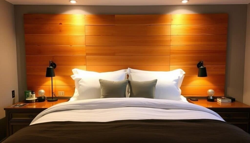 A stunning custom wooden headboard, crafted with precision by The Sawdust Man. Warm-toned oak planks in a clean, minimalist design, accentuated by subtle lighting that casts a soft glow. The headboard's sleek silhouette dominates the peaceful bedroom scene, complemented by a plush bedding set and a pair of vintage-inspired nightstands. Rustic yet refined, this handcrafted piece transforms the space, radiating a sense of cozy, inviting ambiance.