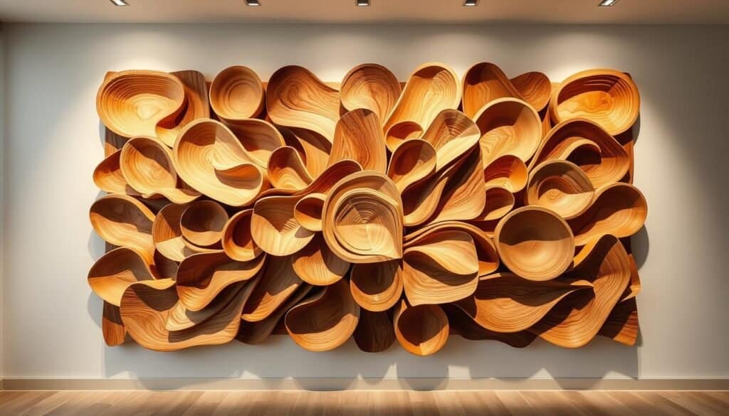 A stunning, large-scale wall art piece featuring intricate, organic wooden shapes and textures. The focal point is a captivating, asymmetrical arrangement of gently curving, natural wooden forms in warm, earthy tones, arranged with a keen eye for balance and visual interest. The woodwork is illuminated by soft, directional lighting, casting subtle shadows that add depth and dimension. The piece is displayed against a minimalist, neutral-toned wall, allowing the natural beauty of the wood to take center stage. The overall effect is a visually striking, one-of-a-kind statement piece that beautifully showcases the unique character and warmth of handcrafted woodworking.
