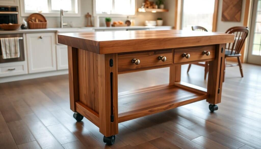 A sturdy, wooden kitchen island on wheels, crafted by "The Sawdust Man" with a rustic, yet modern charm. In the foreground, the island's smooth, butcher-block top gleams under warm, natural lighting, complemented by a set of brushed metal pulls. Sturdy, wooden legs with casters support the island, allowing for easy mobility. In the middle ground, the island is surrounded by a tidy, well-appointed kitchen, with subtle, farmhouse-inspired decor. The background features a bright, airy space with large windows, allowing ample natural light to flood the room, creating a serene, inviting atmosphere.