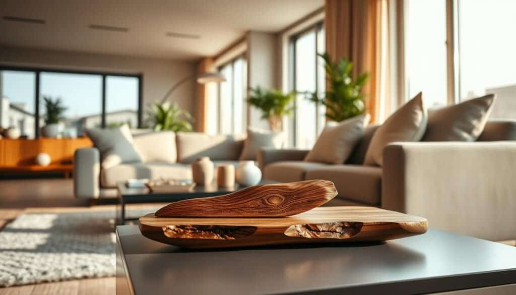 A stylishly curated living room with warm, natural lighting cascading through large windows. In the foreground, a beautifully crafted wooden accent piece, its rich grain and intricate details commanding attention. Strategically placed on a sleek, minimalist side table, the piece creates a harmonious balance, seamlessly integrating with the room's neutral color palette and clean lines. The middle ground features carefully selected decorative elements, such as a lush potted plant and a small ceramic vase, complementing the central accent piece. The background showcases a serene, modern interior, with subtle textures and muted tones that allow the focal point to shine. The overall atmosphere is one of sophisticated simplicity, inviting the viewer to appreciate the thoughtful placement and artistry of the accent piece.