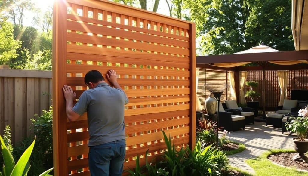 A sun-dappled backyard privacy screen stands tall, its wooden slats meticulously maintained. In the foreground, a gardener carefully sands the surface, restoring its natural luster. The middle ground reveals a well-tended garden, lush with vibrant foliage. In the background, a cozy patio invites relaxation, shielded from prying eyes by the privacy screen's elegant design. The scene is bathed in warm, golden light, capturing the tranquility and beauty of a well-cared-for outdoor retreat.
