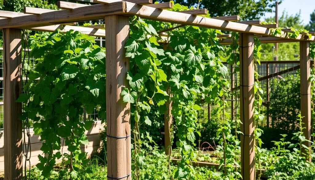 A sun-dappled edible garden with a rustic wooden trellis frame, supporting lush vines of climbing vegetables and herbs. The trellis features a simple yet functional design, crafted from weathered planks and posts, blending harmoniously with the natural surroundings. Soft shadows play across the textured wood, and the verdant foliage cascades gracefully, creating a visually striking and productive landscape. The scene evokes a sense of tranquility and self-sufficiency, inviting the viewer to imagine the bountiful harvest and the joys of cultivating an edible oasis.