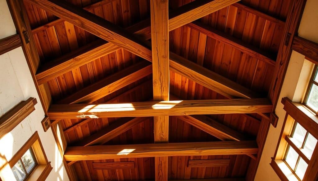 A sun-dappled wooden beam ceiling, its rustic charms illuminated by warm, natural lighting. Weathered, textured beams criss-cross overhead, casting intricate patterns across the space below. The wood's rich, golden hues lend a sense of timeless elegance, evoking a cozy, nostalgic ambiance. The scene is captured through a wide-angle lens, highlighting the scale and grandeur of the architectural details. Shadows play across the uneven surfaces, adding depth and dimension to the image. This image exudes a sense of wonder and admiration for the craftsmanship and beauty of this rustic, yet refined, wooden beam ceiling.