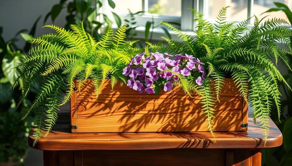 A sun-dappled wooden planter box sits atop a weathered oak table, surrounded by a lush arrangement of verdant foliage. Delicate ferns cascade over the edges, their fronds gently swaying in the soft breeze. In the center, vibrant purple and pink flowering plants add pops of color, their petals catching the warm glow of the natural lighting. The scene conveys a sense of tranquility and mindful curation, inviting the viewer to imagine tending to this peaceful indoor oasis. A 50mm lens captures the scene in a soft, realistic style, emphasizing the natural textures and harmonious composition. A sun-dappled wooden planter box sits atop a weathered oak table, surrounded by a lush arrangement of verdant foliage. Delicate ferns cascade over the edges, their fronds gently swaying in the soft breeze. In the center, vibrant purple and pink flowering plants add pops of color, their petals catching the warm glow of the natural lighting. The scene conveys a sense of tranquility and mindful curation, inviting the viewer to imagine tending to this peaceful indoor oasis. A 50mm lens captures the scene in a soft, realistic style, emphasizing the natural textures and harmonious composition.