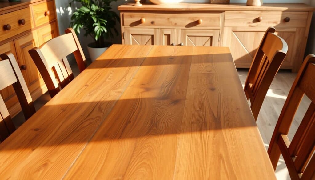 A sun-dappled wooden tabletop, its grain and knots gleaming, is the focal point of this cozy scene. Surrounding it, a mix of solid oak chairs, a weathered pine bench, and a reclaimed maple sideboard create a harmonious interplay of warm tones and natural textures. Soft, indirect lighting casts subtle shadows, highlighting the unique character of each piece. In the background, a lush, verdant potted plant adds a vibrant touch, balancing the earthy, rustic ambiance. This carefully curated arrangement exudes a sense of comforting, homey elegance, inviting the viewer to linger and appreciate the beauty of blended wooden hues.