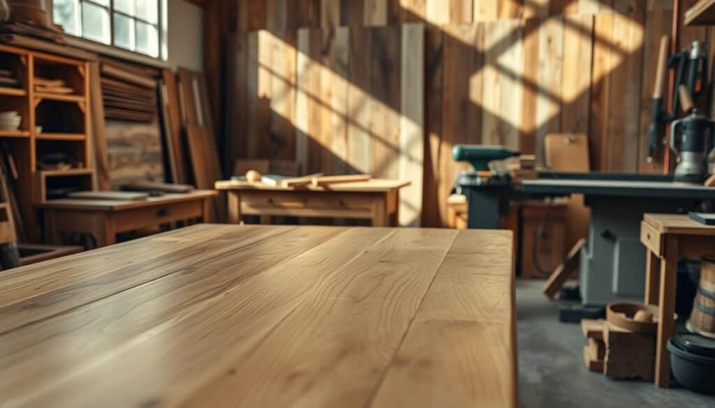 A sun-dappled workshop filled with timeless wood finishes, the scent of freshly sanded planks lingering in the air. In the foreground, a beautifully crafted table showcases the natural grain of "The Sawdust Man" collection, its smooth surface polished to a warm, inviting glow. In the middle ground, a workbench holds an array of tools - hand-forged chisels, a well-worn router, and a gleaming bandsaw - the tools of a master craftsman. The background features a wall of reclaimed wood panels, each one a unique tapestry of weathered textures and tones, a testament to the enduring beauty of natural finishes. Soft, diffused lighting illuminates the scene, casting gentle shadows and highlights that accentuate the timeless appeal of these wood-based creations.