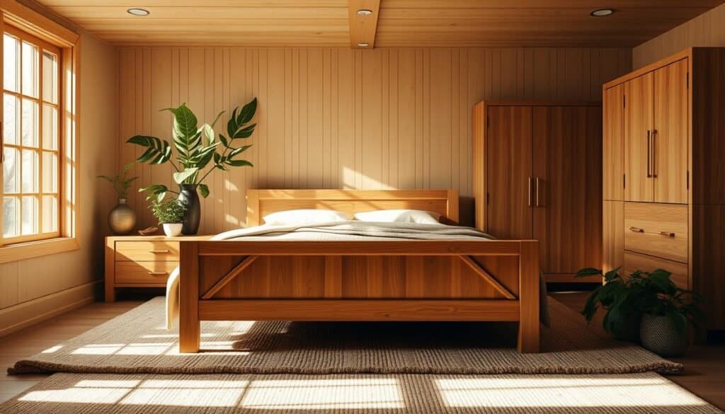 A sun-drenched bedroom with warm, natural wood tones. A solid oak bedframe takes center stage, its rich honey hue glowing softly. Matching nightstands flank the bed, their clean, minimalist design accentuating the wood's intricate grains. A large, wooden dresser stands tall, its drawers neatly arranged. Soft, ambient lighting casts a cozy glow, enhancing the room's tranquil atmosphere. A plush, neutral-toned rug grounds the space, its textures complementing the wooden elements. Lush, green plants add pops of life, creating a serene, nature-inspired sanctuary. The overall effect is one of inviting comfort and effortless elegance.