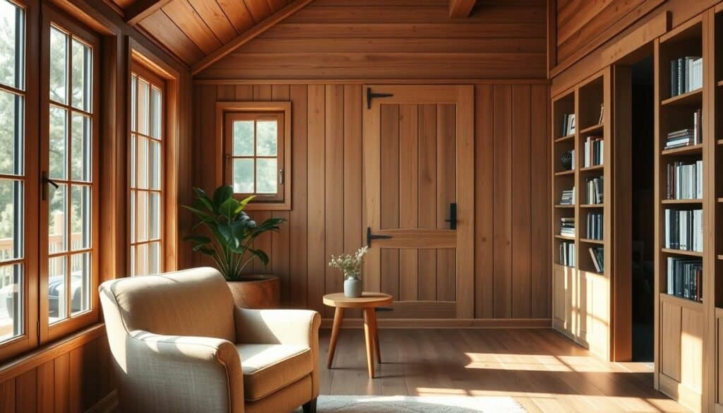 A sun-drenched, cozy wood-paneled interior with a warm, earthy palette. Natural light filters through large windows, casting a soft glow on the smooth, weathered timber surfaces. A plush, inviting armchair sits in the foreground, its fabric upholstery in muted tones complementing the wooden accents. In the middle ground, a minimalist wooden side table holds a simple potted plant, while bookshelves line the walls, their contents casting gentle shadows. The background features a mix of natural textures, including a wooden floor and ceiling beams, creating a sense of harmony and tranquility. The overall scene evokes a sense of comfort, relaxation, and a connection to nature.