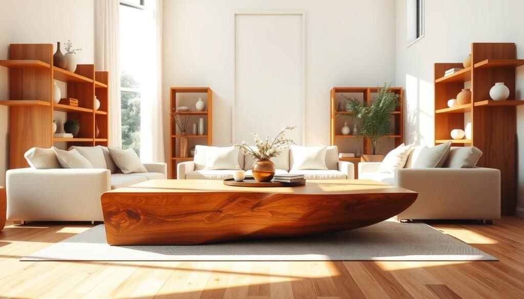 A sun-drenched living room with warm wood accents that create a calming, minimalist atmosphere. A large, angular wood coffee table takes center stage, its clean lines and natural finish contrasting beautifully with plush, neutral-toned furnishings. Wooden shelving units flank the room, displaying decorative vases and plants that cast soft shadows. Sunlight streams in through tall windows, casting a golden glow over the space. The wood grain shimmers subtly, adding depth and texture. The room exudes a serene, uncluttered ambiance, inspiring a sense of clarity and tranquility.