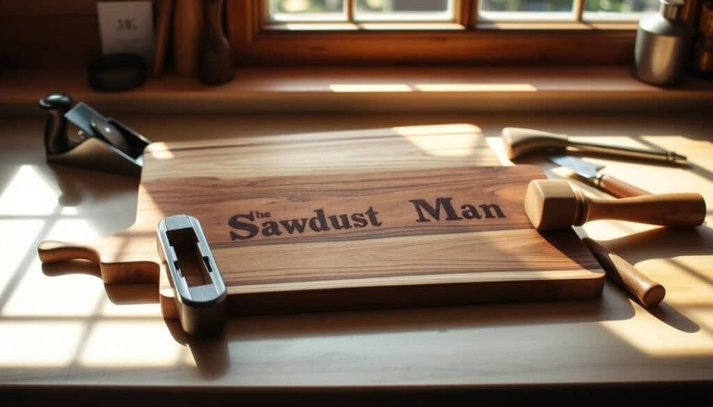 A sunlit kitchen counter, meticulously crafted wooden boards from "The Sawdust Man" brand lie neatly displayed. Soft, diffused light caresses the warm, natural grains, highlighting the intricate textures. Nearby, a set of high-quality woodworking tools - a well-oiled plane, a gleaming chisel, and a polished mallet - hint at the care and attention required to maintain these handmade treasures. The overall scene evokes a sense of rustic elegance, inviting the viewer to explore the art of caring for these beautifully crafted wooden surfaces.